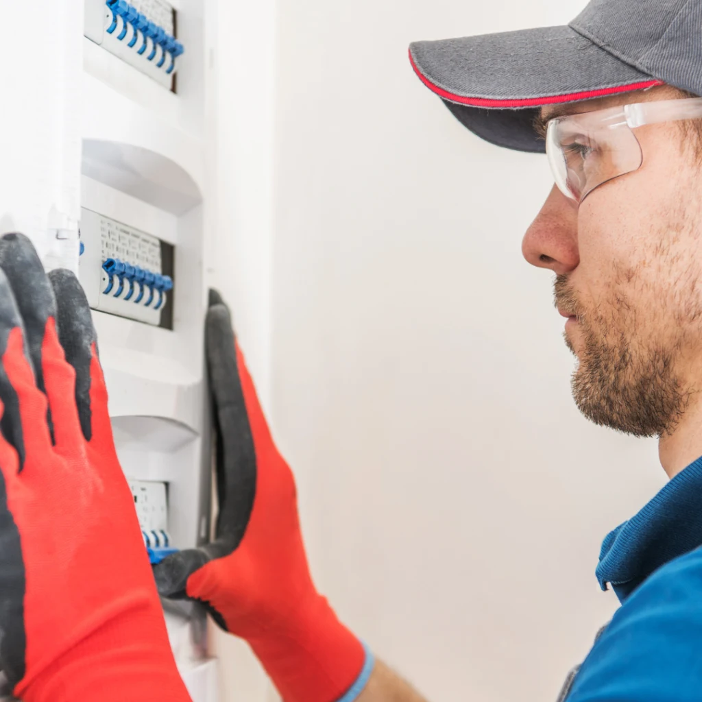 Electrician resetting a tripped circuit breaker switch in a modern electrical panel