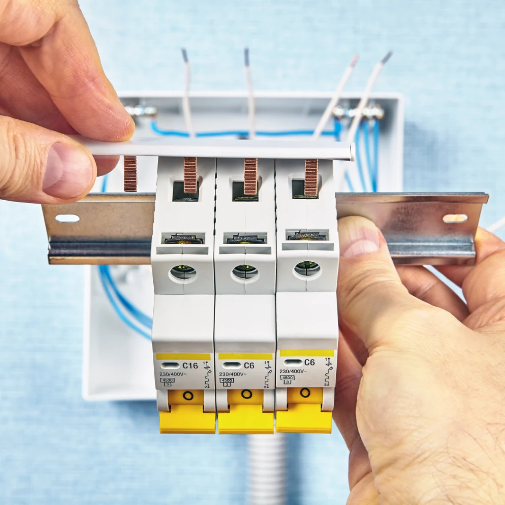 Electrician inspecting a residential circuit breaker panel in Ontario