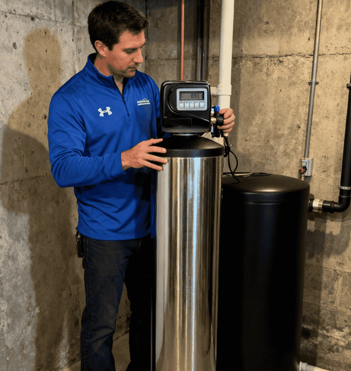 Professional-technician-installing-water-softener-in-Sarnia-ON-home-LG-Home-Comfort.