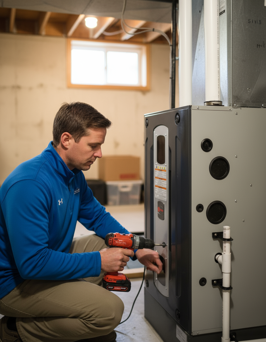 Technician ensuring clean air flow with new furnace filter in Chatham-Kent - LG Home Comfort