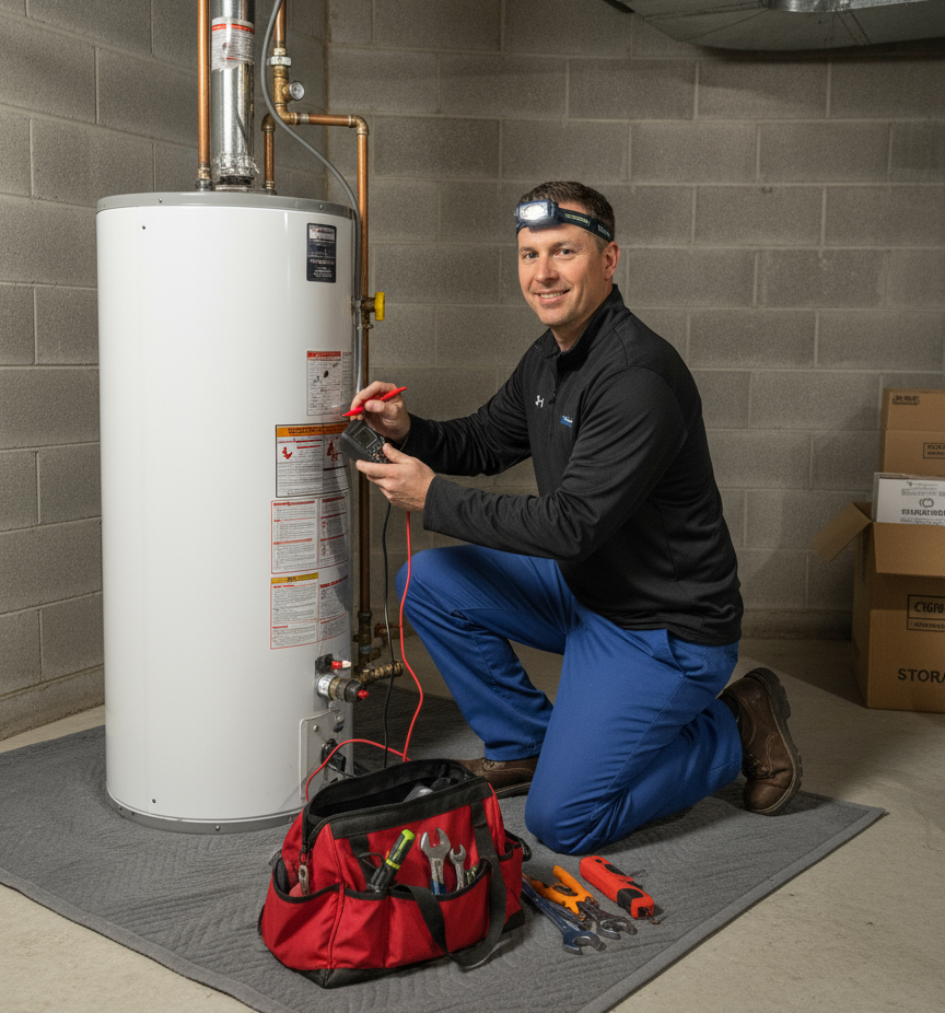 Skilled HVAC technicians installing water heaters - LG Home Comfort