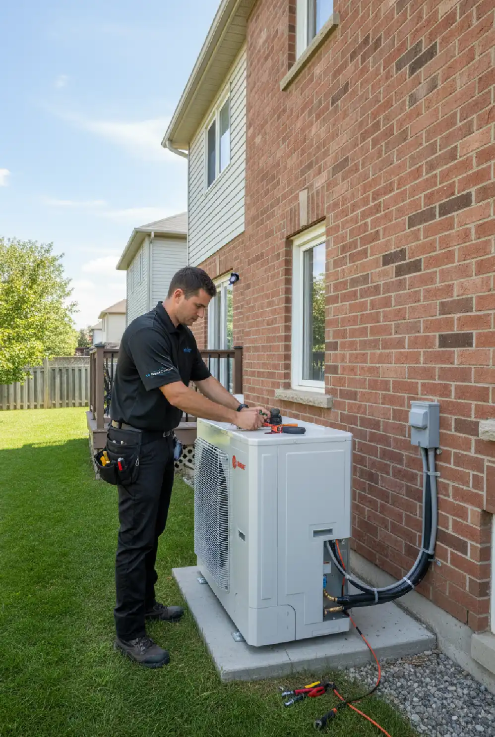 HVAC technician repairing an outdoor air conditioning unit in Niagara, Ontario