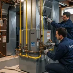 Two HVAC technicians installing a residential furnace, connecting ductwork and gas lines in a basement utility room