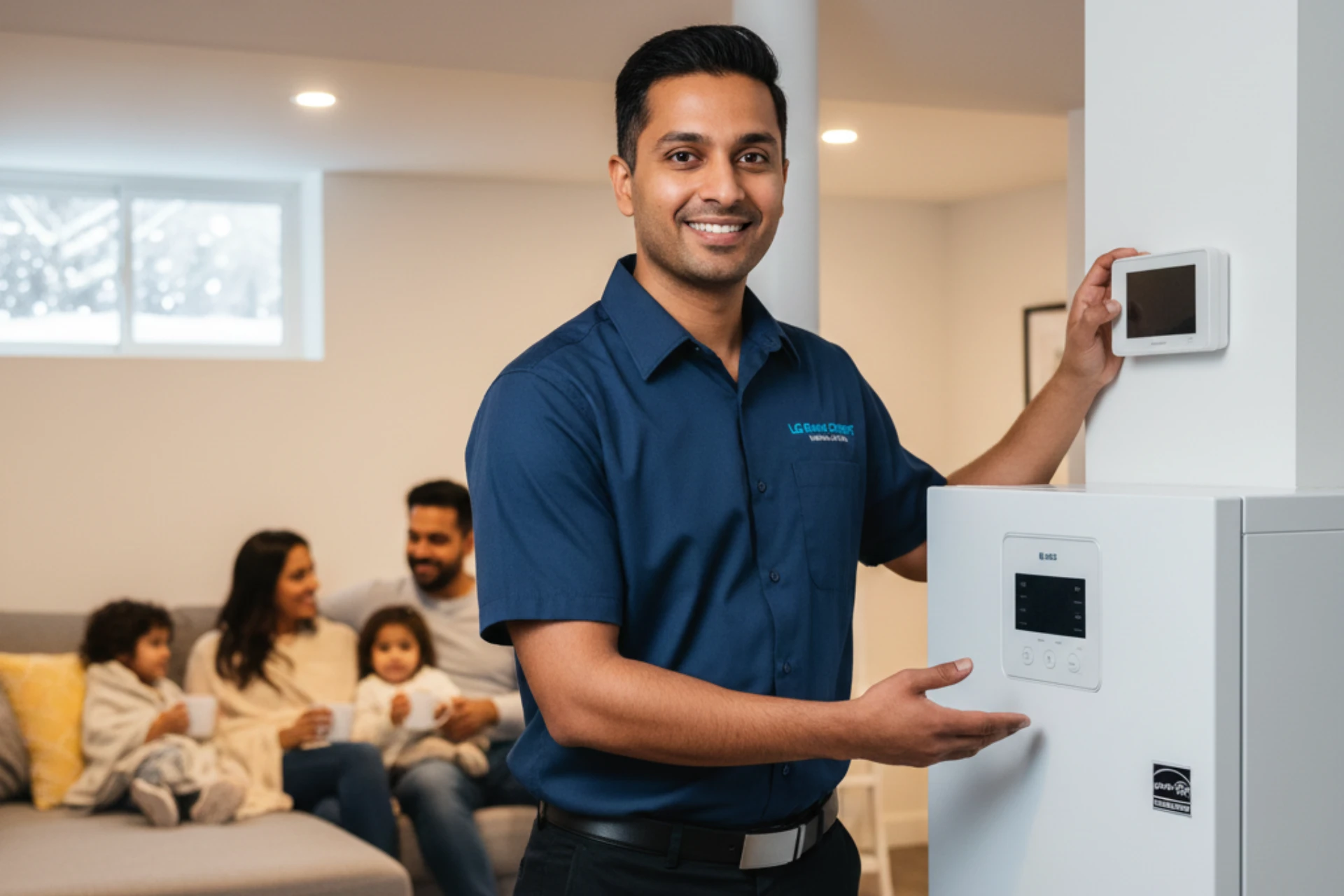 An HVAC technician in a professional uniform stands in a warm, modern basement next to a newly installed high efficiency furnace